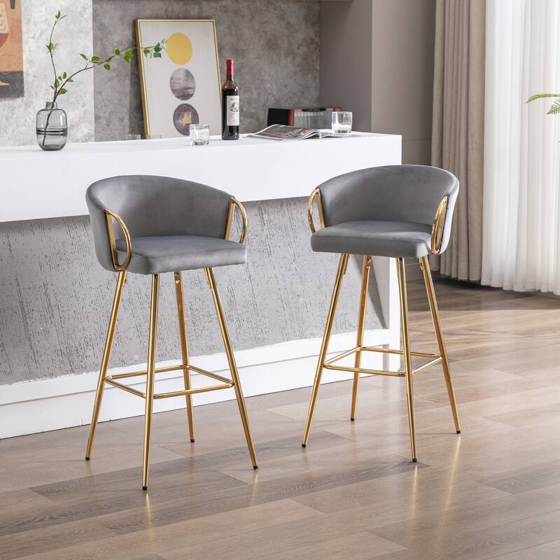 30 Inch Set of 2 Bar Stools,with Chrome Footrest and Base Velvet + Golden Leg Simple Bar Stool