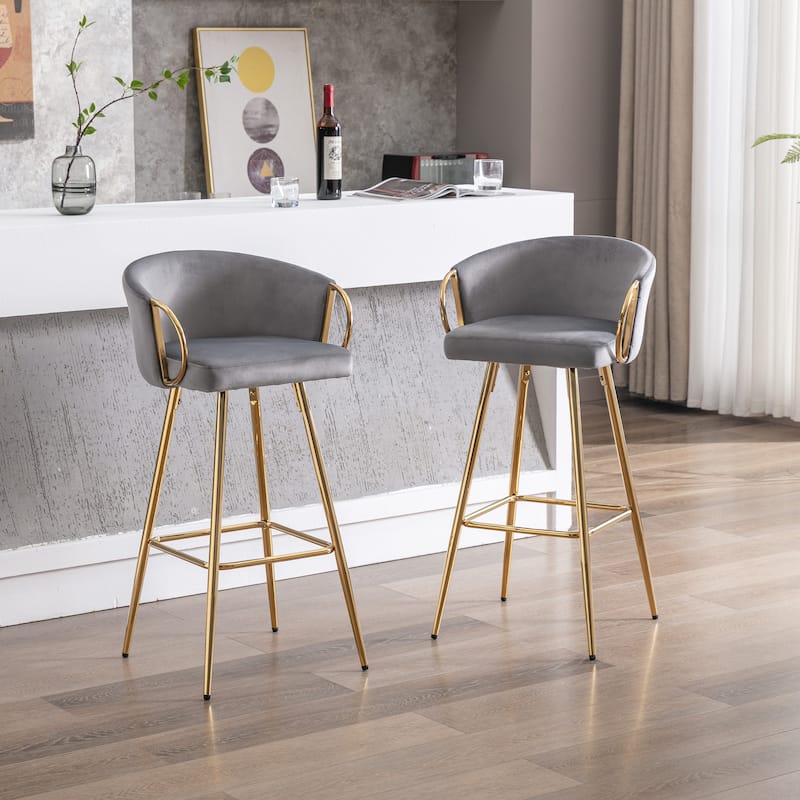 Counter Height Bar Stools Set of 2, Velvet Bar Stools with Armrests, Kitchen Island Chairs with Footrest and Metal Legs