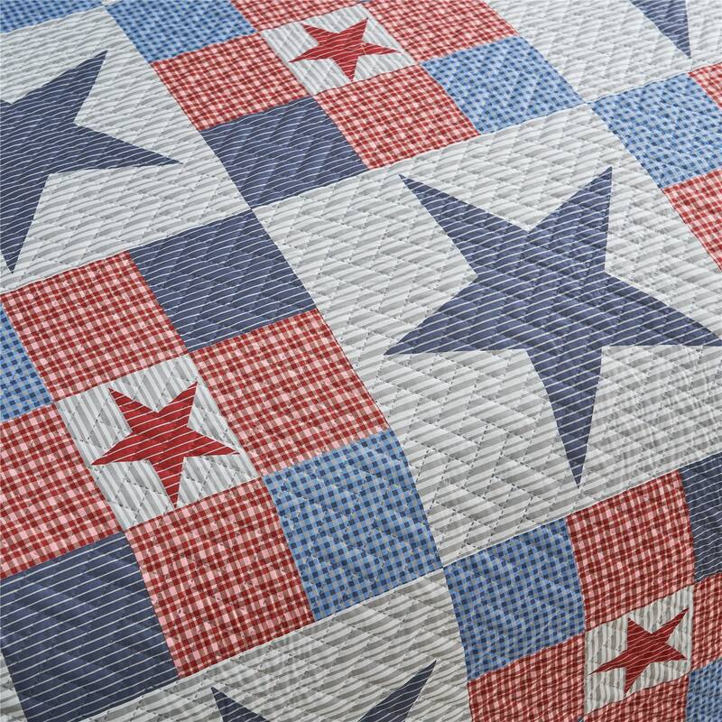 Patriotic Quilt Set Americana Stars and Plaid Patchwork Coverlet with 2 Shams