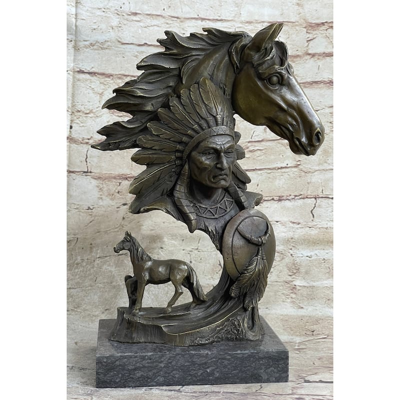 Native American Indian Bust W/ Horses Bronze Statue Sculpture Original Art Decor