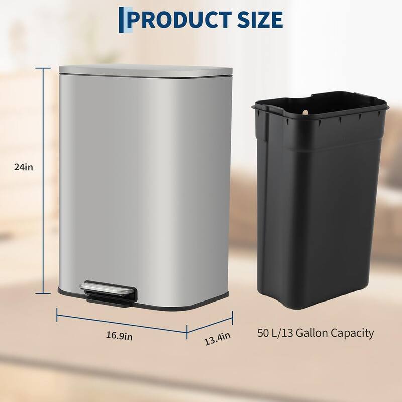 13 Gal Soft-Close Lid Stainless Steel Trash Can for Kitchen, Bathroom, Office