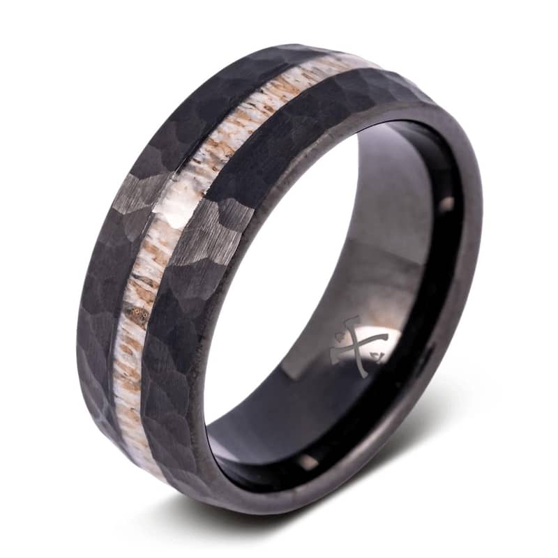 Manly Bands THE FORESTER Tungsten Black Plated with Inlay 8mm Hammered Finish