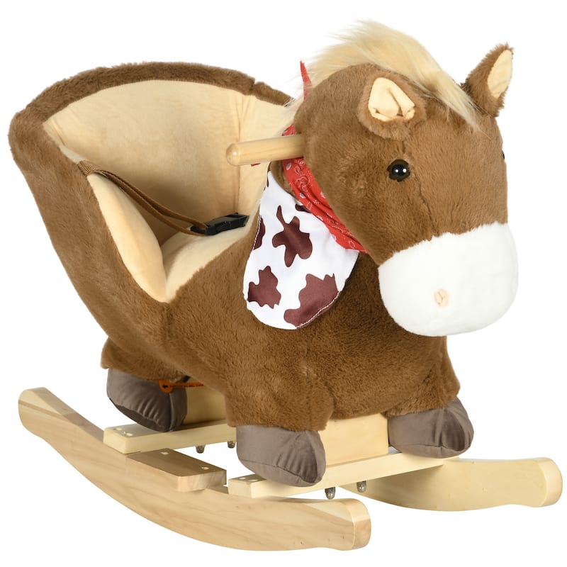 Qaba Baby Rocking Horse, Riding Horse, Plush Animal Rocker with Realistic Sound, Pedals for Ages 18-36 Months, Brown - Brown