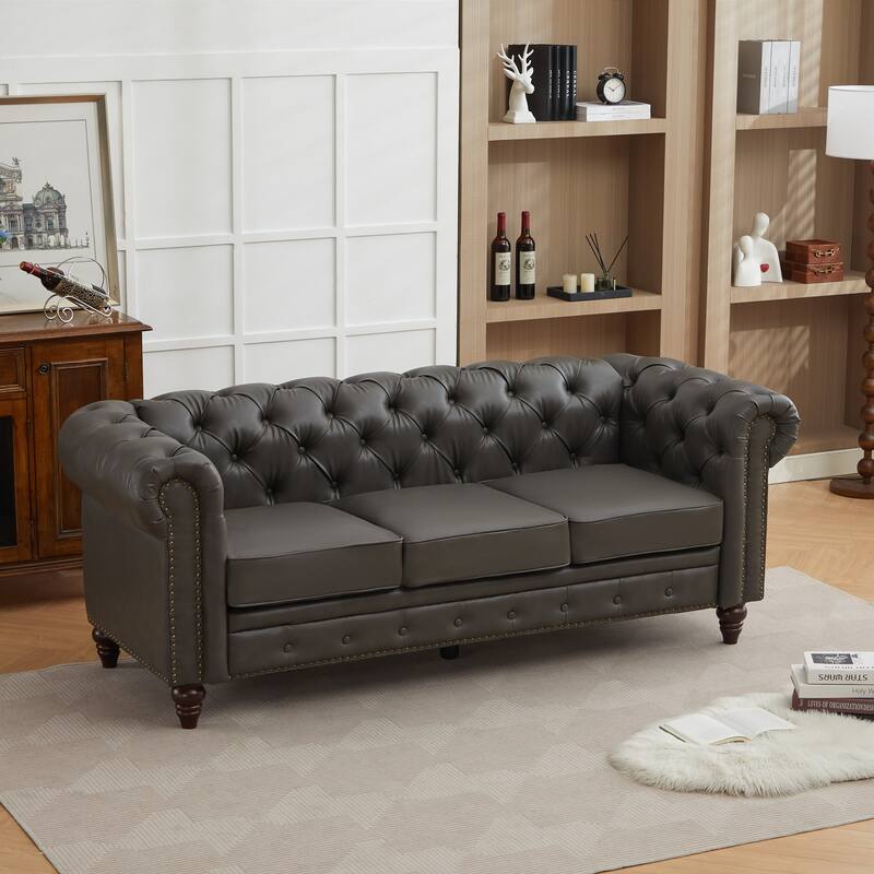 Vintage PU Button-Tufted Sofa Couch, Flared Arms, Rubberwood Legs & Nailhead Trim