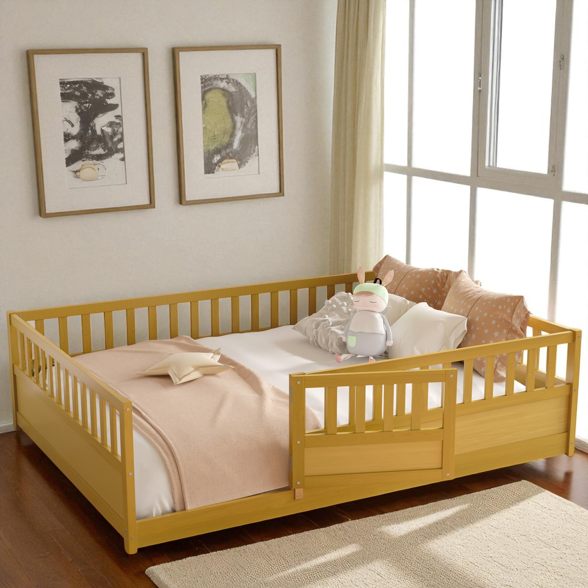 Full Size Wooden French Floor Bed with High Fence, Door, and Safety Guardrails