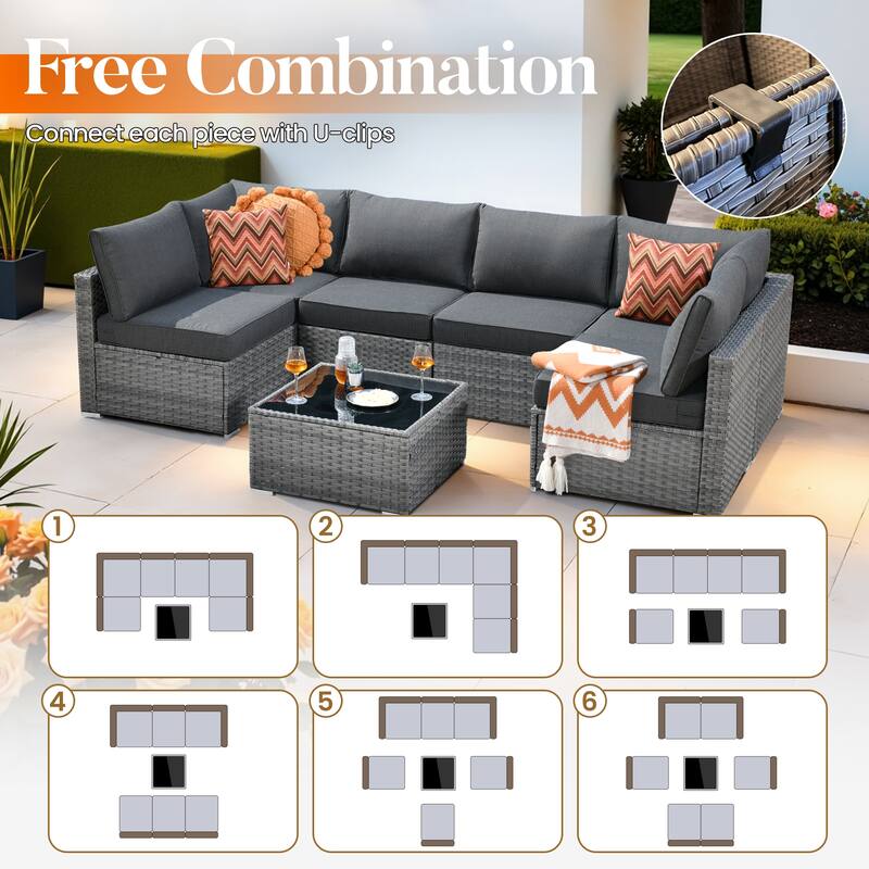 HOOOWOOO 8-piece Grey Wicker Patio Furniture Set Sectional Sofa with Fire Pit Table