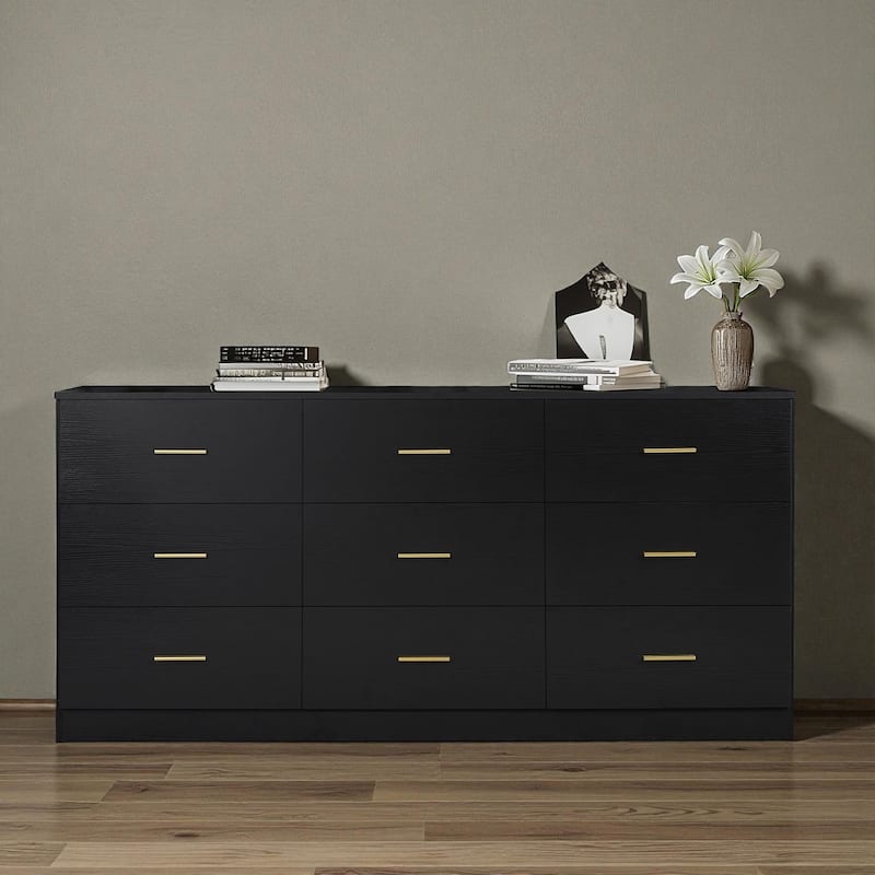 Modern 9-Drawer Dresser Wide Bedroom Chest Engineered Wood Storage Cabinet with Golden Handles and Ample Space - Black