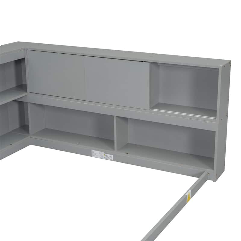 Full Floor Bed With L-Shaped Bookcases,Sliding Doors,Without Slats