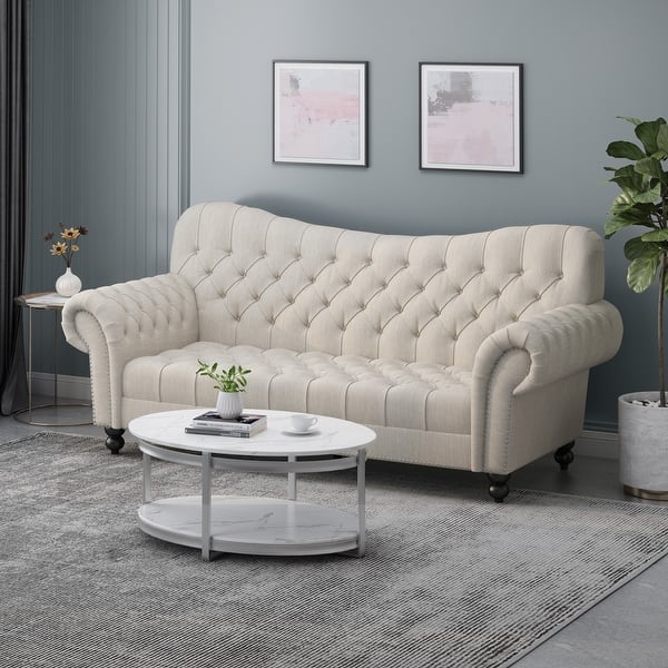 slide 2 of 12, Wastacio Chesterfield Button-tufted Sofa by Christopher Knight Home - 34.00"D x 84.50"W x 37.50"H Beige + Dark Brown