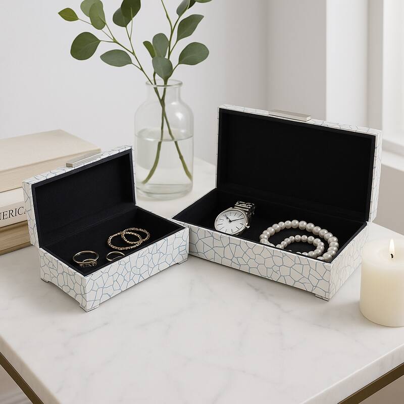 Resin Wood Boxes with Cracked Mosaic Texture (Set of 2) - 5" & 4" Blue - 14" x 8.25" x 4.75"