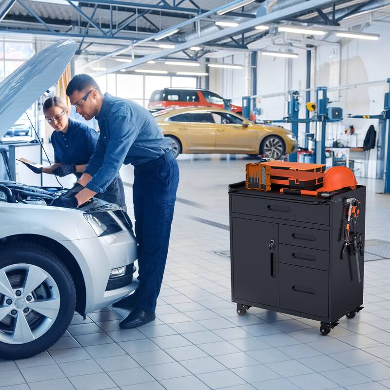 34.3" Mobile Tool Storage Cabinet - Garage Organizer with Lockable Compartment & 4 Drawers, Rolling Steel Chest