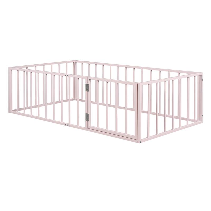Elegant Twin Floor Bed Frame with Opening Door, Metal Design for Kids Room