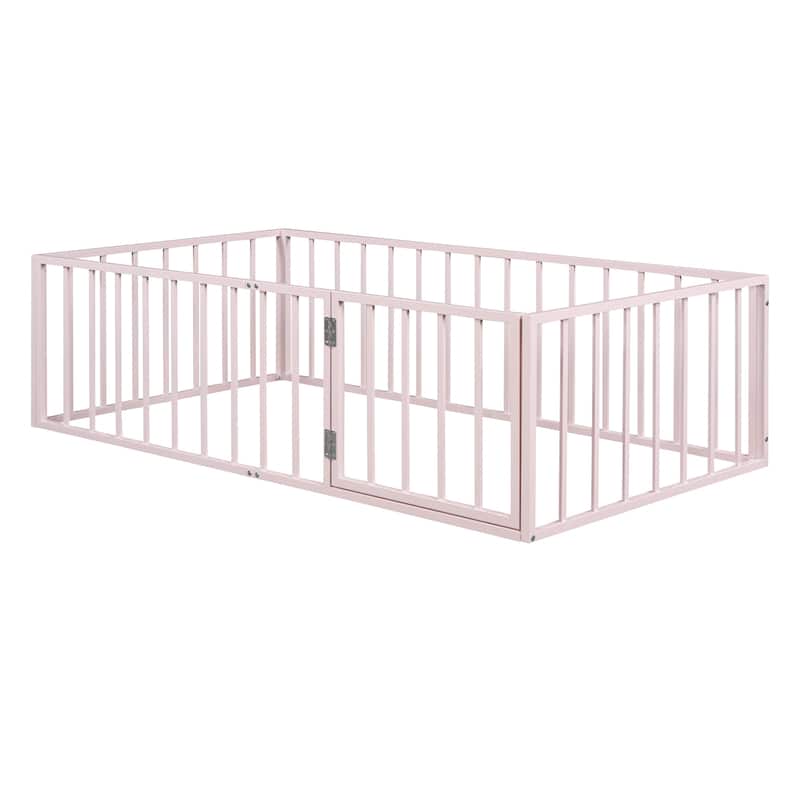 Toddler Floor Bed Metal Frame Bed with Safety Fence & Door, Kids
