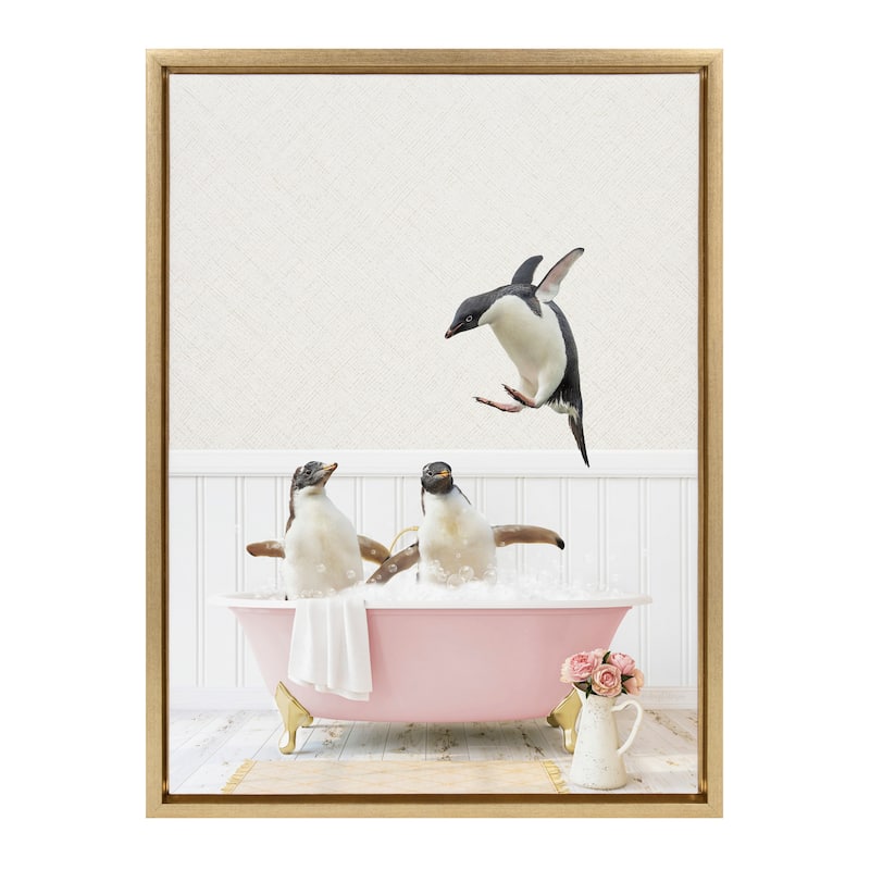 Kate and Laurel Sylvie Penguin Rose Bath Framed Canvas by Amy Peterson