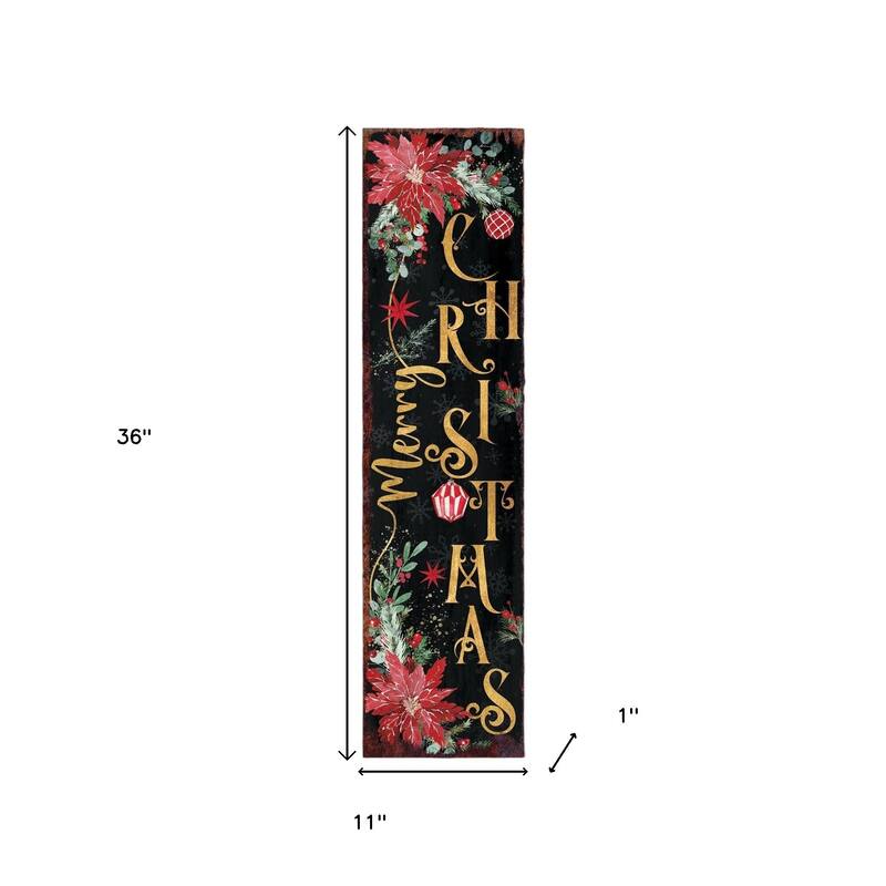 HomeRoots 36" Black Gold Green And Red Solid Wood Poinsettia Merry Christmas Porch Sign