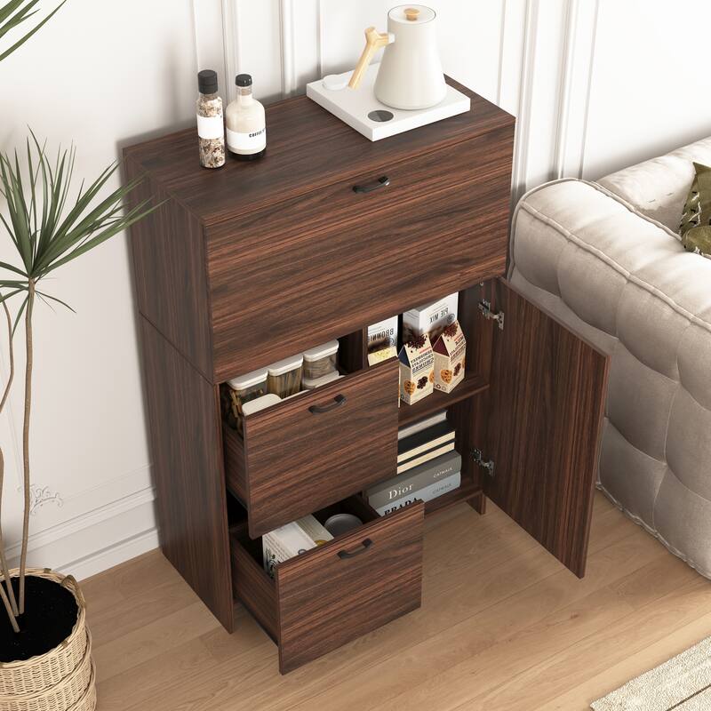 Foldable Desk Cabinet with Storage Drawer & Shelves, Space-Saving Wall Storage Cabinet Buffet Cabinet