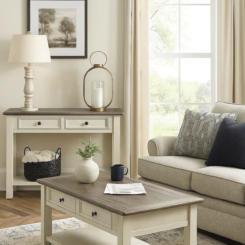 Sofa Table With Plank Style Top and 2 Gliding Drawers, Brown and White