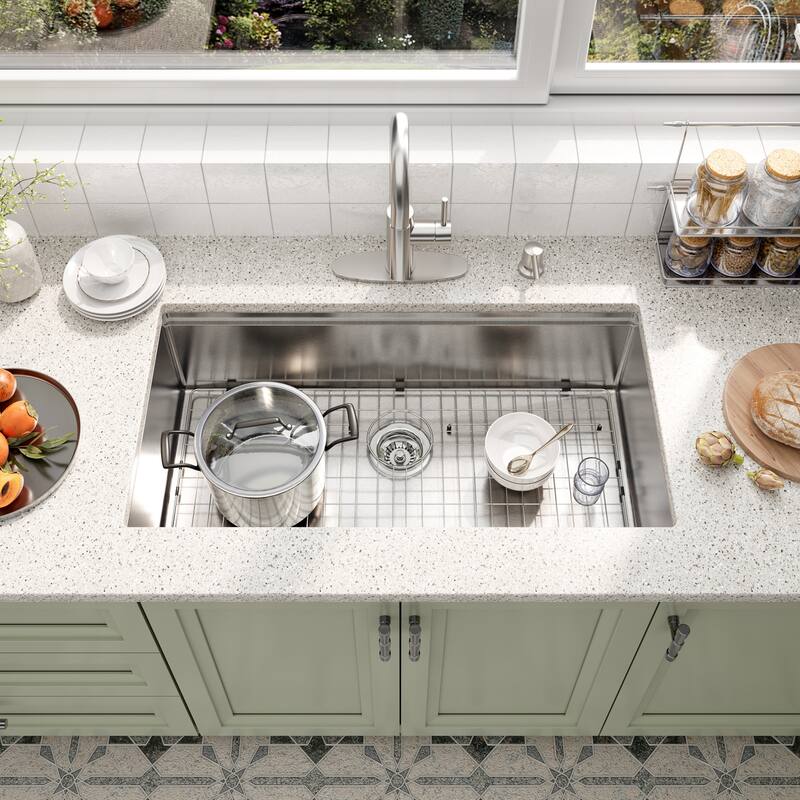 Nano Brushed Stainless Steel Undermount Workstation Kitchen Sink with Touchless Pull-Down Kitchen Faucet and Accessories