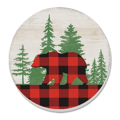 Bear Check 4 Pack Absorbent Stone Coaster with Protective Cork Backing Made in The USA 4" Round, Easily Wipes Clean - Multi