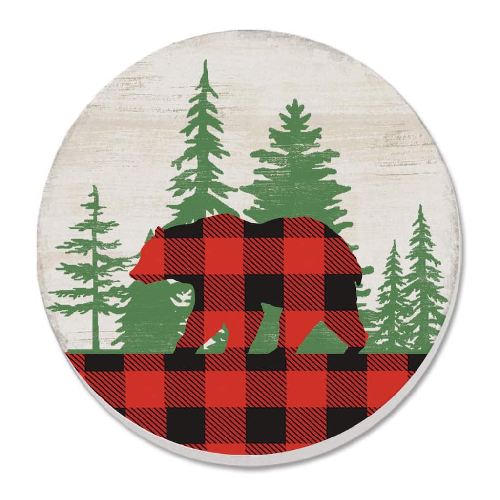 Bear Check 4 Pack Absorbent Stone Coaster with Protective Cork Backing Made in The USA 4" Round, Easily Wipes Clean - Multi