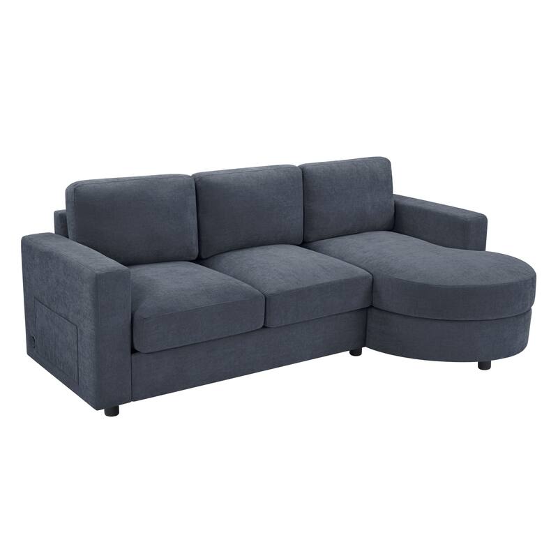 Modern L-Shaped Sofa with Curved Chaise, USB Charging Ports & Storage Pockets for Small Space