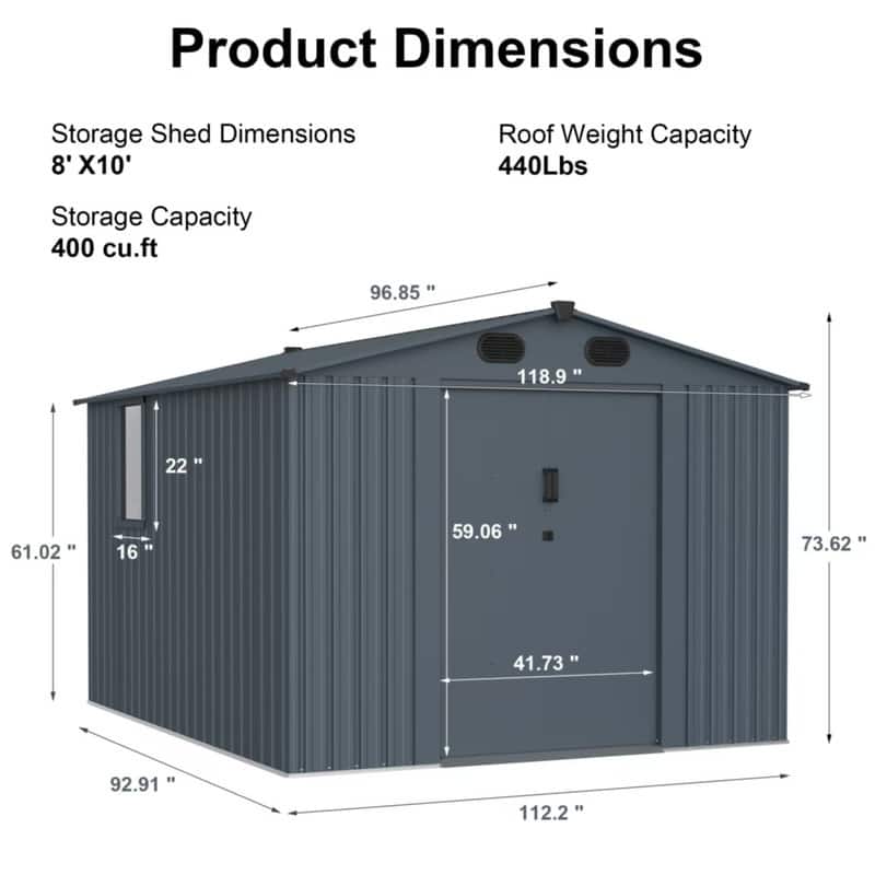 8x10 Foot Large Metal Outdoor Storage Shed – Includes Lockable Doors & Window, Dark Grey Garden Shed For Backyard, Patio & Lawn