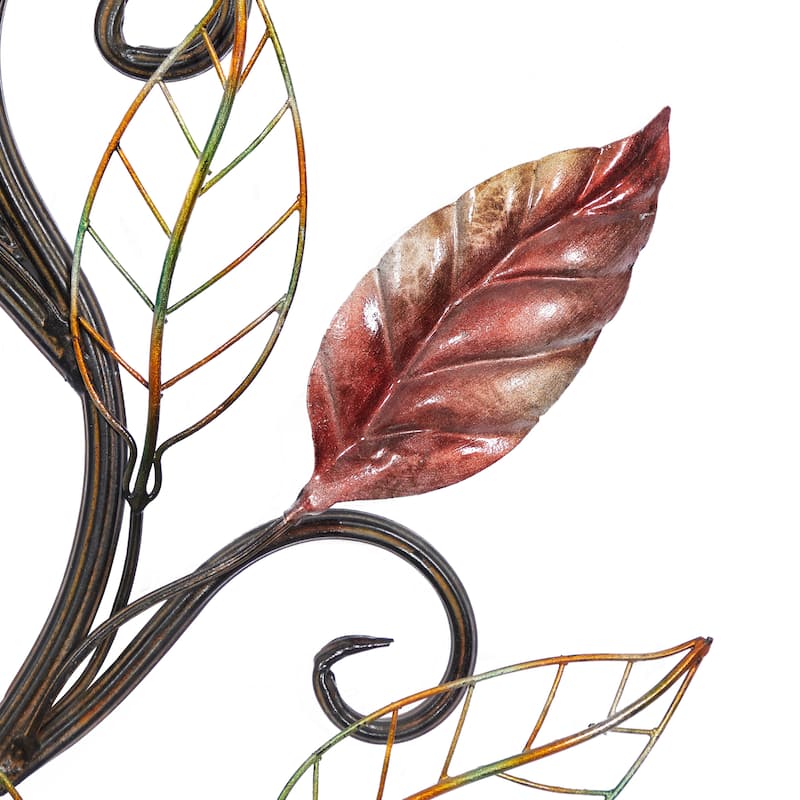 Multi Colored Metal Leaf Home Wall Decor with Scrolled Vine and Wire Leaf Accents