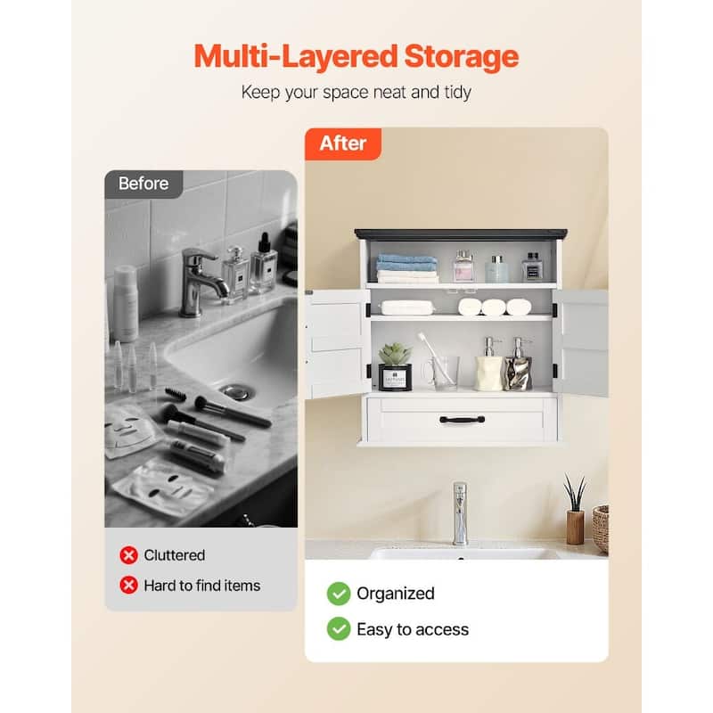 White Multi-Layer Bathroom Wall Cabinet with Adjustable Storage Shelves and 1 Drawer - 24” x 9” x 25”