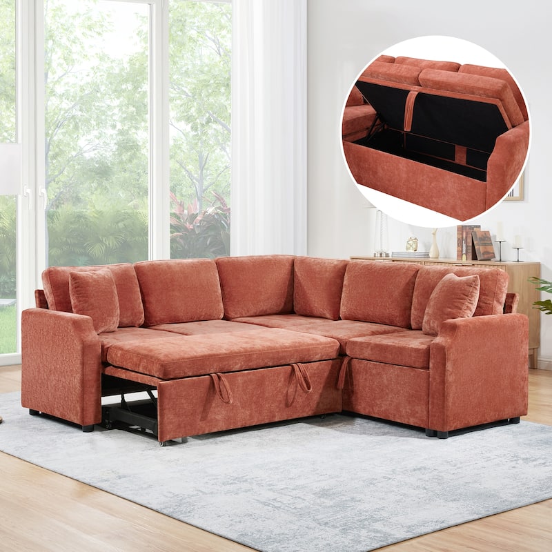 L-Shaped Sectional Upholstered Sleeper Sofa Convertible Pull-out Sofa Bed with Hidden Storage Space, Chenille Fabric - Orange