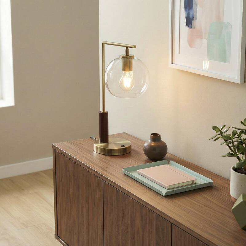 Gibbs Globe Table Lamp with Clear Glass Shade and Rubber Wood Base