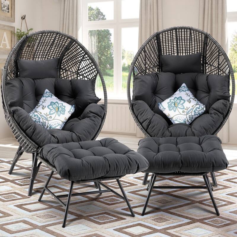FINCATI Outdoor Wicker Egg Chair Set with Ottoman, Deep Seating, 440 lbs Capacity