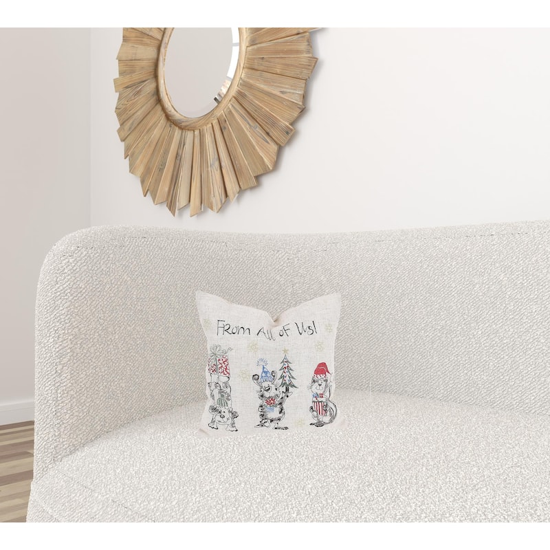 14" X 14" Beige and Gray Dog Christmas Linen Linen Blend Zippered Pillow With Embroidery