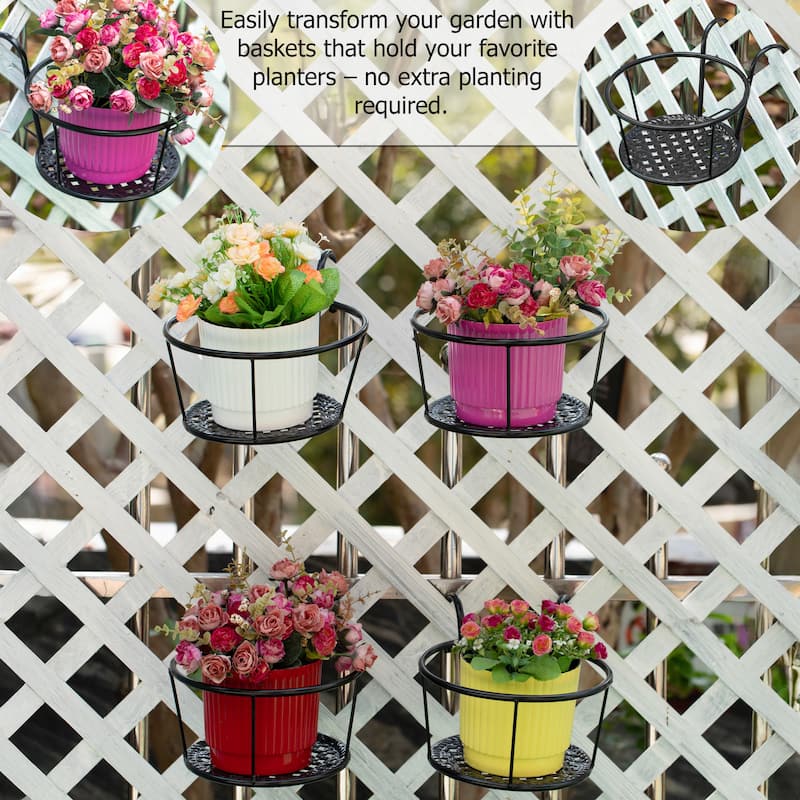 Gardenised Set of 4 Decorative Round Iron Hanging Bucket Style Plant Pot Holders and Flower Baskets with Hooks for Railing Fence