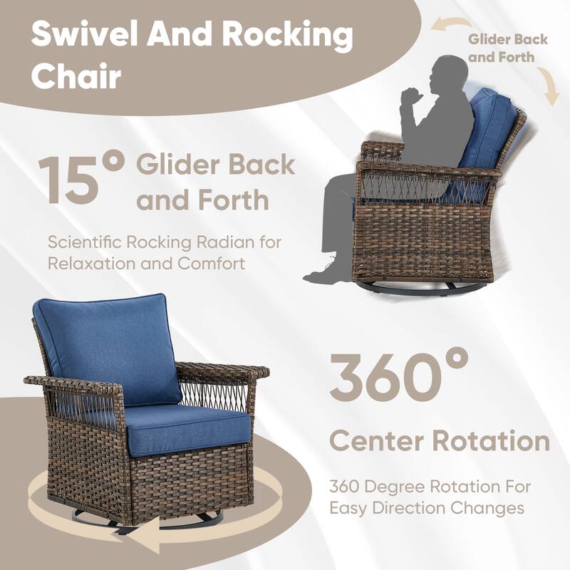 Rattan Wicker Swivel Rocker Chairs Sets - Brown