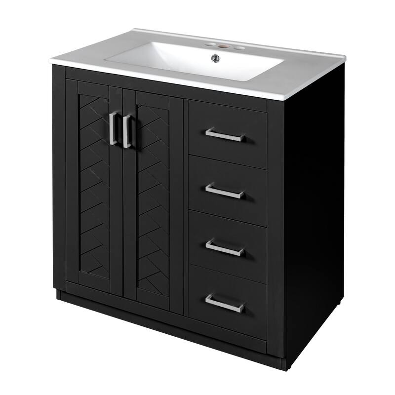 Bathroom Vanity with Ceramic Sink, Vanity Set with 3 Drawers and Doors, Bathroom Storage Cabinet with Solid Wood Frame