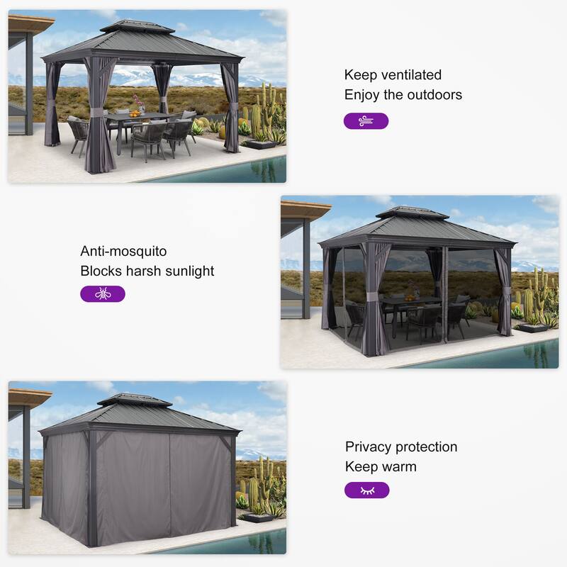 PURPLE LEAF Outdoor Galvanized Steel Hardtop Gazebo, Aluminum Frame Gazebo With Curtains