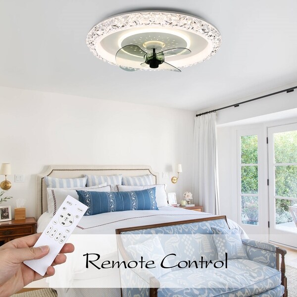 Bella Depot 20 White Modern Flush Mount Ceiling Fan 6 Speed Low Profile Crystal Ceiling Fan with Remote and Dimmable Light 1 Pcs DC2007