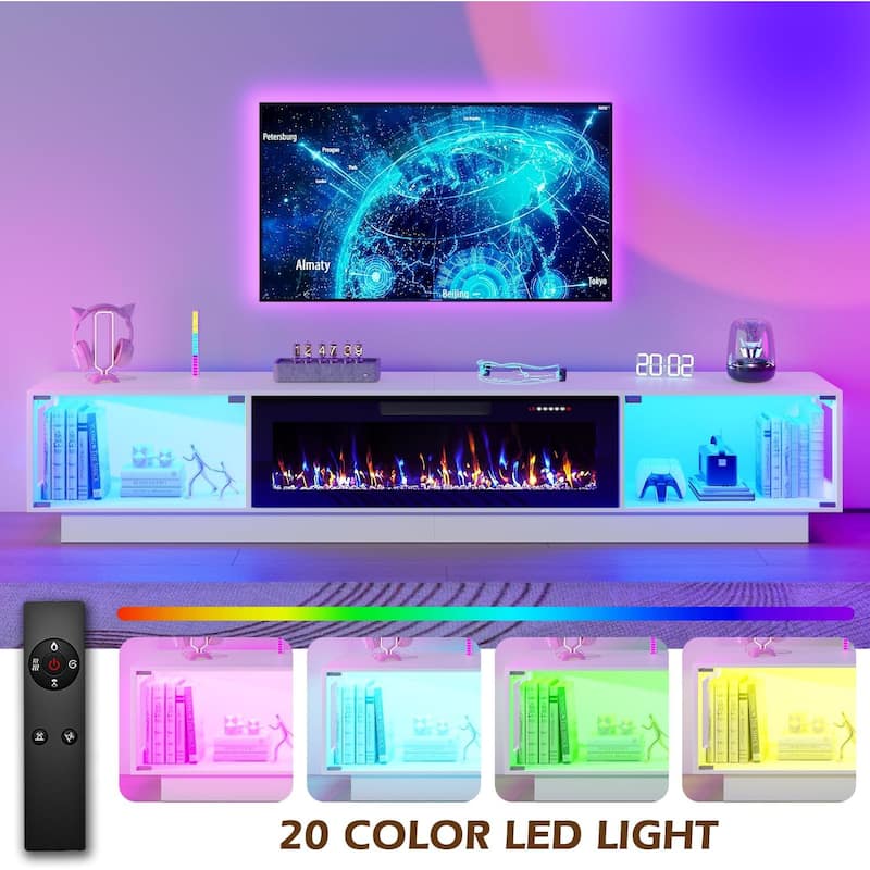 BOSSIN 80" Fireplace TV Stand with Adjustable LED Lights, Modern Entertainment Center with Glass Door Storage Cabinet, Black