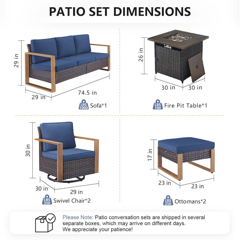 Pocassy Outdoor Fire Pit with 3-Seat Sofa Swivel Chairs Patio Furniture Set