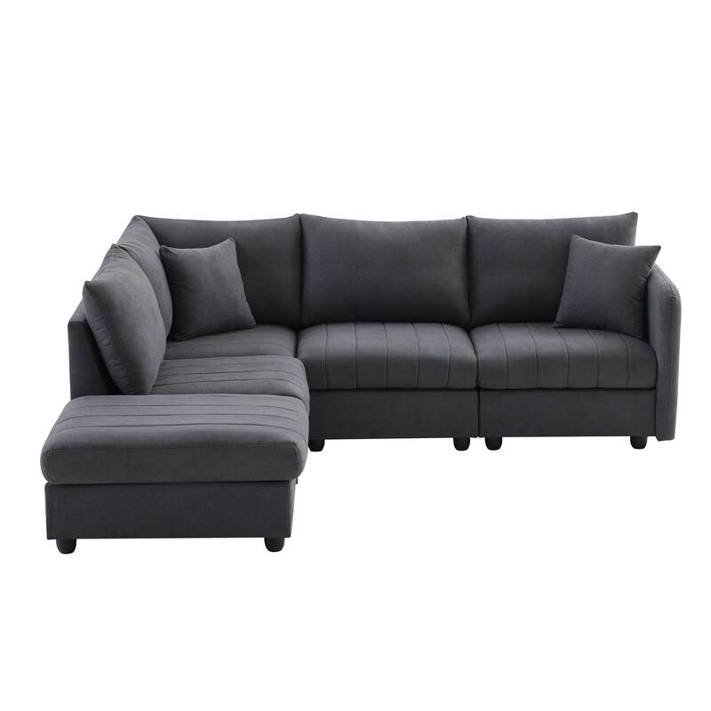 Modular L-Shaped Sectional Sofa with Movable Ottoman, 5 Seat Corner Couch with Throw Pillows, Comfy Cloud Upholstered Sofa