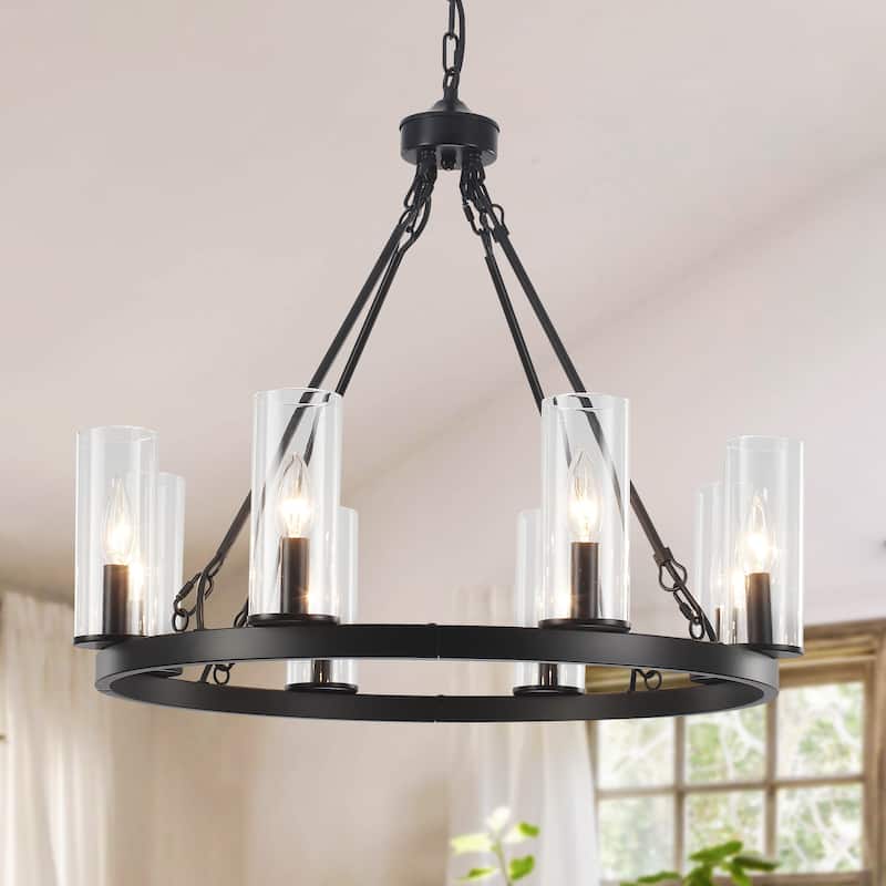 25.98inch 8-light Farmhouse Wagon Wheel Height Adjustable Chandelier With Glass Shade for Multiple Spaces