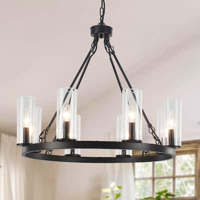 25.98inch 8-light Farmhouse Wagon Wheel Height Adjustable Chandelier With Glass Shade for Multiple Spaces