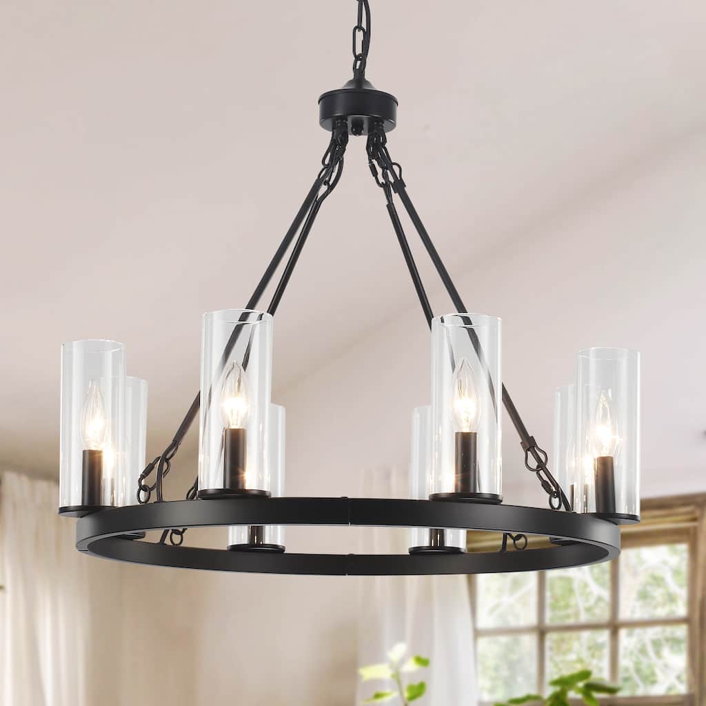25.98inch 8-light Farmhouse Wagon Wheel Height Adjustable Chandelier With Glass Shade for Multiple Spaces