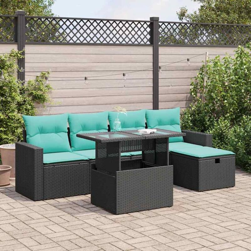 vidaXL Patio Sofa Set with Cushions and Table Outdoor Garden 6 Piece Poly Rattan - Black with storage - 24.4" x 24.4" x 27.2"