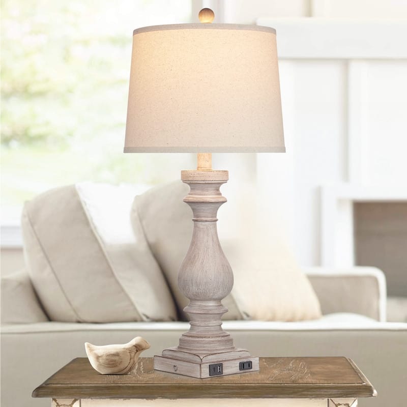 27.5'' Beige Bedside Resin Table Lamps with Built-in USB Ports, and Touch Control (Set of 2) - 12.5'' x 12.5'' x 27.5''