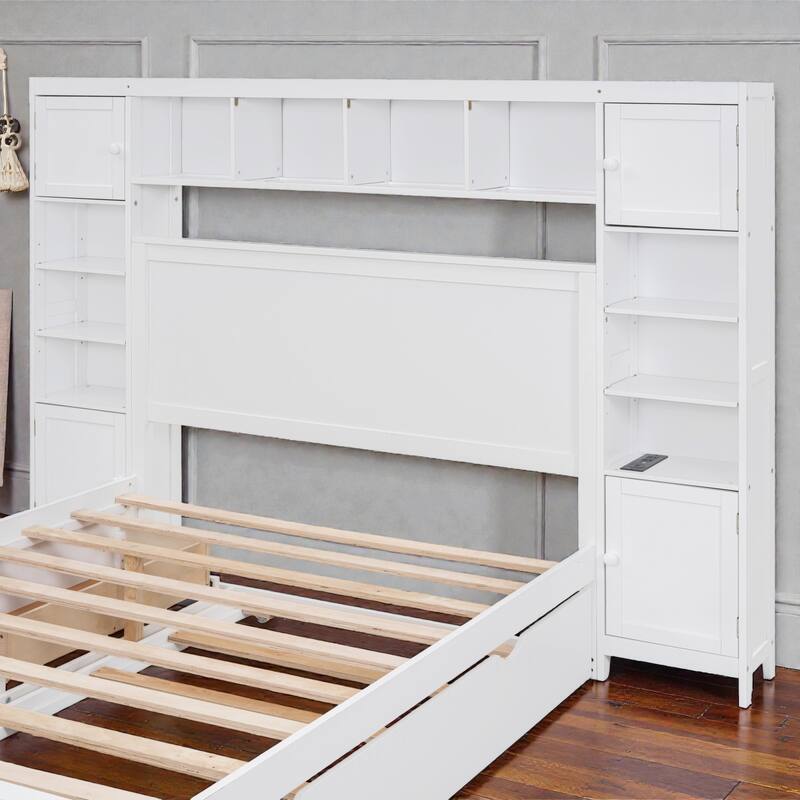 Wooden Platform Bed with Storage Headboard, Drawers, Twin Trundle and Built-In Outlets