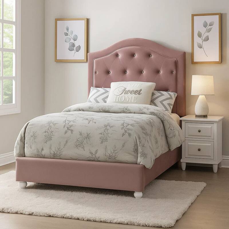 Twin Bed with Button Tufted Arched Headboard, Pink