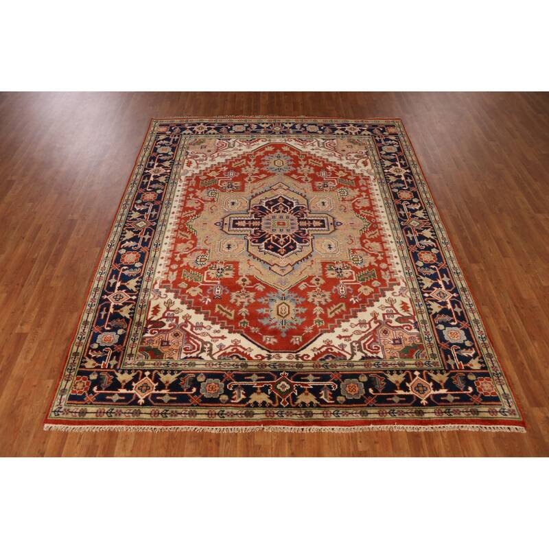 Medallion Heriz Serapi Indian Rug Hand-Knotted Oriental Wool Carpet - 7'11" x 9'9"
