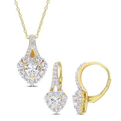 Miadora Created White Sapphire Fashion Earring & Pendant Set With Chain Yellow Silver