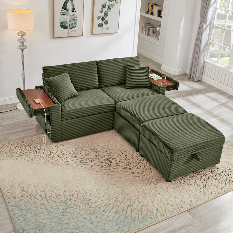 Modular Chaise Sleeper Sofa Bed, Corduroy Loveseat Couch & Storage Ottomans Set with Folding Table Boards and USB Ports